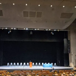 a stage with chairs and a podium