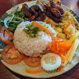 Combo rice plate with Pork and Shrimp.   Loved that fried egg.