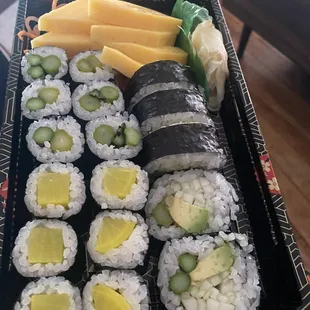 Clockwise: tamago sashimi, Vegetable Roll *1, Oshinko Roll, Asparagus Roll *2