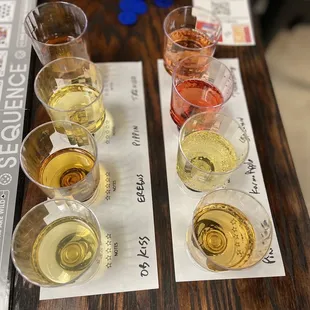 five glasses of wine on a table