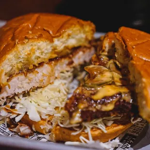 a sandwich with meat and cheese
