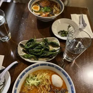 Tori Tantanmen Ramen, Blistered Shishsito Peppers and Kimchi Ramen