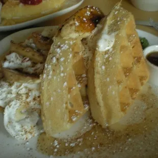 Masala Indian spice waffles with sweet nutty carmelized bananas and whipped cream