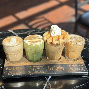 Flight - honey bee , caramel apple matcha, belgian waffle, pistachio white mocha