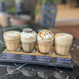 Coffee flight: Flower Power, Mint Thins, Banana Bread and Salted honey