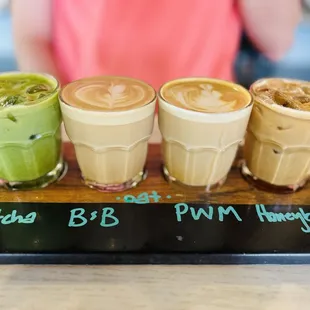 Coffee flight: matcha latte, butter beer, pistachio white mocha and honey bee.