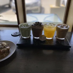 a selection of drinks and pastries
