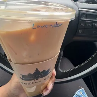 Double cup with Pistachio on the left and Lavender iced coffee on the right