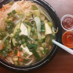 This is my favorite, the vegetable noodle soup bowl with tofu, only $5!