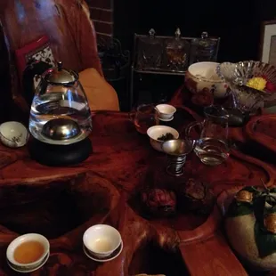 Beautiful tea table, tea tasting for only $5. Larry is so generous!!!!