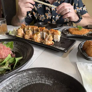 Ahi Tuna Tartare, Spider &amp; Volcano Rolls, Calamari