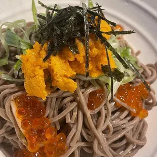 Cold soba with uni, ikura.