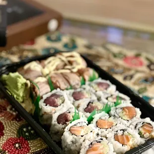 a tray of sushi