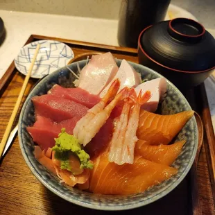 K12 salmon, tuna, hamachi don with added shrimp (supposed to be sweet shrimp)