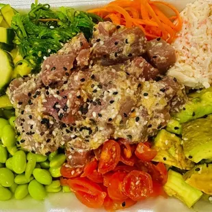 Rainbow poke bowl. Tuna. Super fresh and delicious.