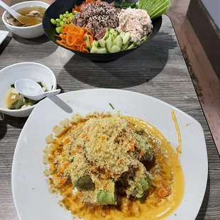 Volcano Lava Roll and Rainbow Seafood Poke Bowl