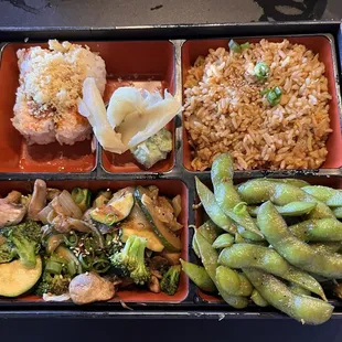 a bento box of food