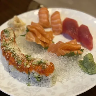 Soft shelled crab roll, salmon/tuna nigiri, and salmon/tuna sashimi