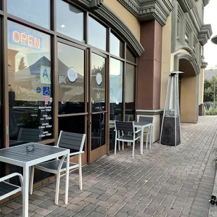 Outside: heat lamps ready to warm customers dining outside