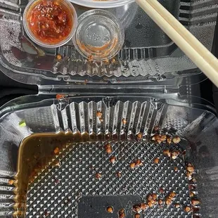 Aftermath of spicy wontons and Dry Fry String Beans.