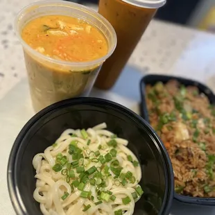 Red curry chicken, udon, Thai tea, fried rice