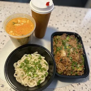 Red curry chicken, udon, Thai tea, fried rice