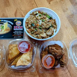 Chicken fried rice, wontons and chicken wings