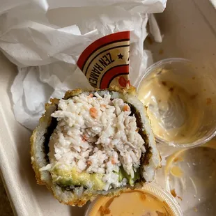 B5. Firecracker Sushi Burrito with ONLY AVOCADO AND CRAB MEAT ?!? I did not order this lol