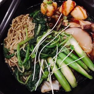 Vegetable ramen with veg broth and spinach noodles