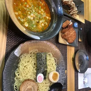 Top: Takoyaki, side of chicken katsu, Dipping Ramen... Ramen broth needs to be thicker and more  flavorful
