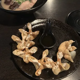 Tonkotsu Kuro Pork Broth and cream cheese rangoons