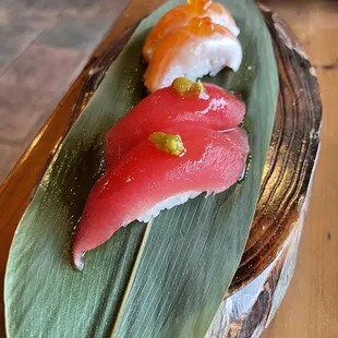 Monaro tuna nigir and salmon belly nigiri