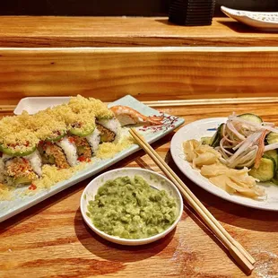 Cucumber salad, fresh wasabi, and Mexican cut roll w extra crunchies