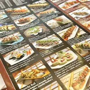 Menu showing their different sushi rolls.