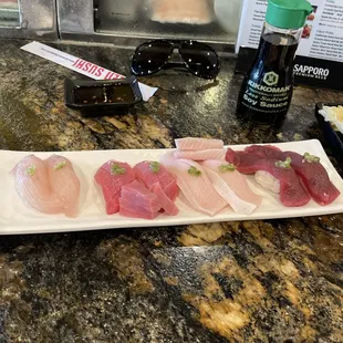 Amber Jack, toro, yellowtail belly and bluefin sushi