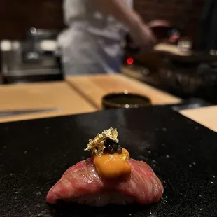 Wagyu with uni, caviar, and gold