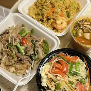 Our togo order: Drunken Noodle with beef, Hawaiian Fried Rice, Papaya Salad and Tom Yum soup