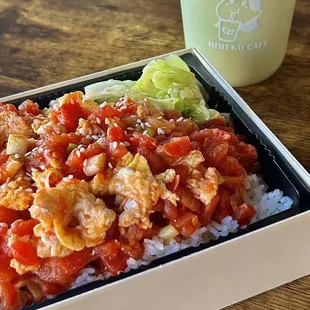 Scramble tomato egg rice &amp; sea salt matcha