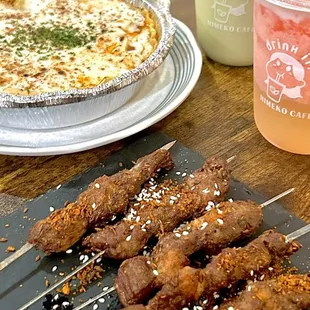 Cumin grilled lamb skewers &amp; mapo tofu lasagna &amp; strawberry yogurt &amp; sea salt matcha