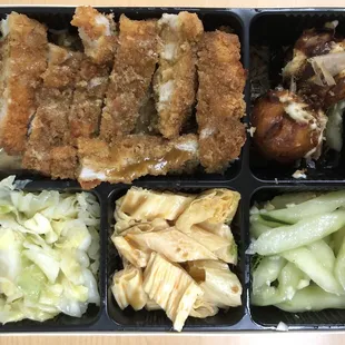 Large bento lunch box - pork katsu curry, Takoyaki, cucumber salad, and (spicy) bean curd salad