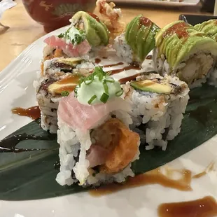 Eel and avocado roll and salmon, mango and cream cheese