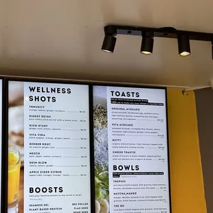 Menu (Wellness shots, Boosts, Toasts, and Bowls)