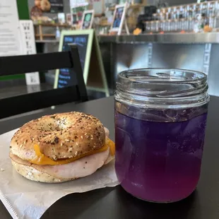 Ham and Cheese bagel 
Paired with Butterfly Blue Lemonade