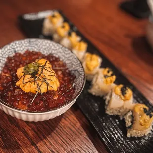 Mini uni ikura don and Zentarou roll