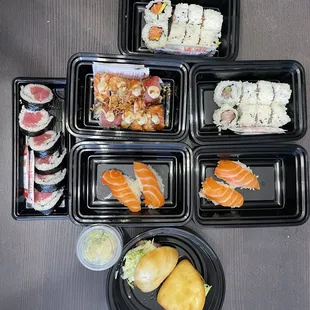 Tuna roll, Pride roll, Salmon avocado, Yellowtail, Nigiri, Pork belly bao buns (although they were out of pork so it was braised beef)