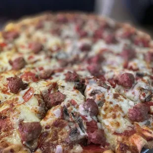 Sausage mushroom pepperoni deliciousness!