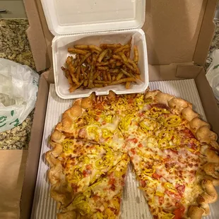 a pizza and french fries
