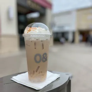 Teapuccino | Signature Red Robe Oolong milk tea, Organic Milk, House Whipped Cream, French Pailleté Feuilletine Crunches +coconut jelly