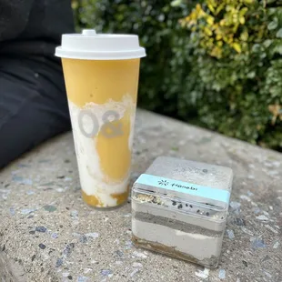 Coco mango, midnight black sesame cake