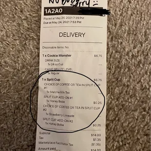 Receipt showing charge for boba